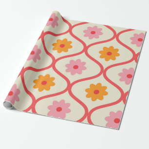 Retro oranje en roze bloemen op Ogee-patroon  Cadeaupapier