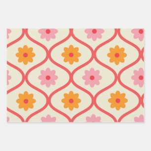 Retro oranje en roze bloemen op Ogee-patroon Inpakpapier Vel