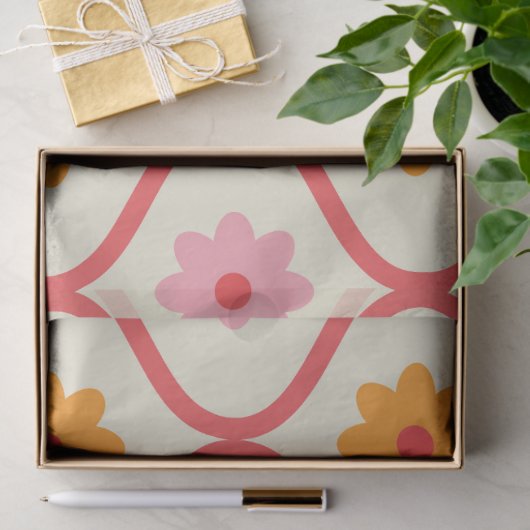 Retro oranje en roze bloemen op Ogee patroon Tissuepapier (Geschenk)