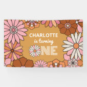 Retro Oranje en Roze Floral Daisy First Birthday Spandoek (Horizontaal)