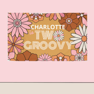 Retro Oranje en Roze Floral Two Groovy Birthday Spandoek