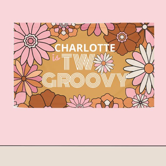 Retro Oranje en Roze Floral Two Groovy Birthday Spandoek