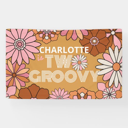 Retro Oranje en Roze Floral Two Groovy Birthday Spandoek (Horizontaal)