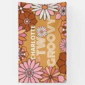 Retro Oranje en Roze Floral Two Groovy Birthday Spandoek (Verticaal)