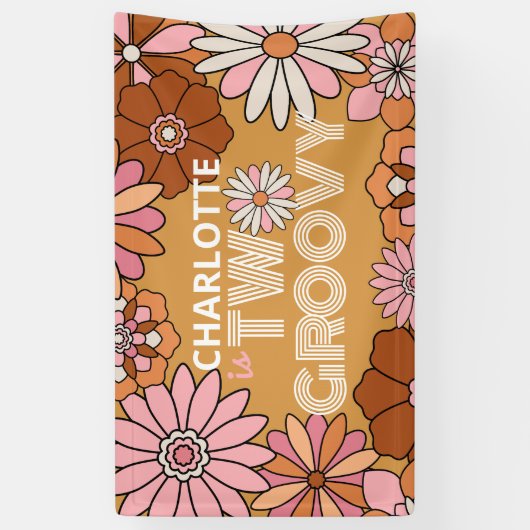 Retro Oranje en Roze Floral Two Groovy Birthday Spandoek (Verticaal)