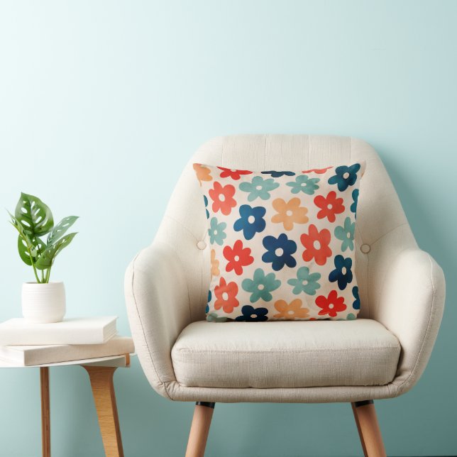 Retro Oranje en Turquoise Bloemen Kussen (Stoel)