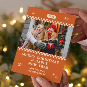 Retro Oranje Familie Foto Kerstmis Feestdagenkaart