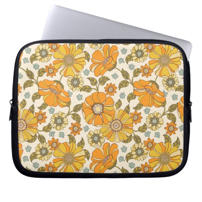  Retro Oranje Floral Patroon Laptop Sleeve (Voorkant)