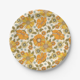  Retro Oranje Floral Patroon Papieren Bordje