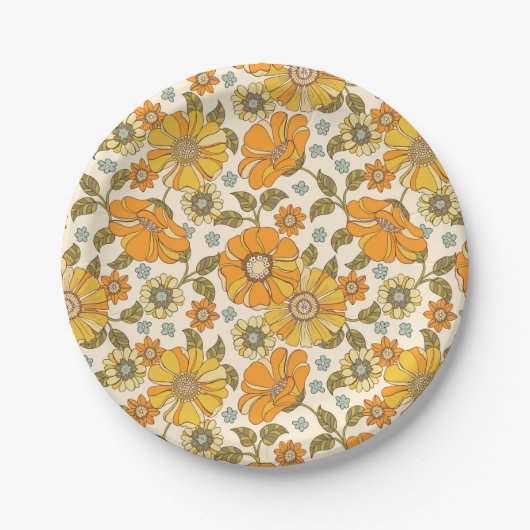  Retro Oranje Floral Patroon Papieren Bordje (Voorkant)
