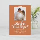 Retro oranje foto save the date-aankondiging kaart (Staand voorkant)
