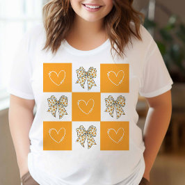 Retro Oranje Geel Coquette Strik Hart Geruit T-shirt