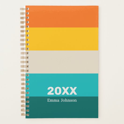 Retro Oranje Geel Teal Strepen Naam Planner (Voorkant)
