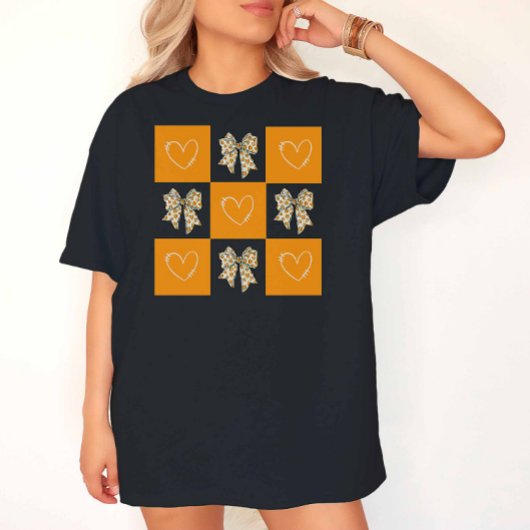 Retro Oranje Gele Coquette Boog Hart Geruit T-shirt