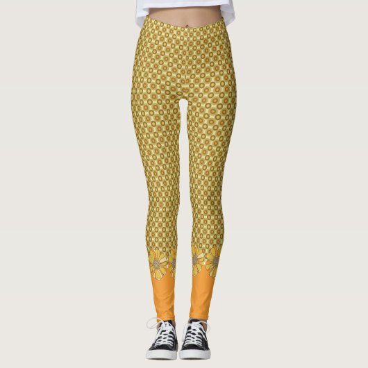 Retro Oranje geometrische Floral Leggings (Voorkant)
