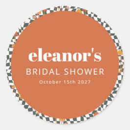 Retro Oranje Geruite Paddenstoel Huwelijksfeest Ronde Sticker