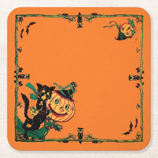 Retro Oranje Halloween Kartonnen Onderzetters (Voorkant)