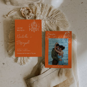 Retro Oranje Handgetekende Zomer Trouwfoto Save The Date