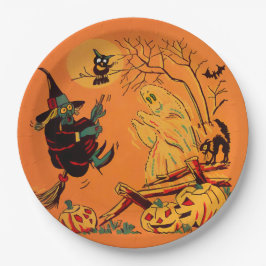 Retro Oranje Heks Halloween Papieren Bordje