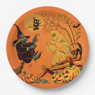 Retro Oranje Heks Halloween Papieren Bordje