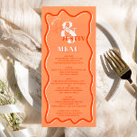 Retro oranje krommel wringt rond een tong menu<br><div class="desc">Een cool gewaagd trouwmenu met douanenamen met hand geschreven kalligrafie en serif doopvont,  2 namen,  twee stijlen met Retro boho oranje kromme die golvende bruiloft kronkelen. Alle tekst,  namen en achtergrondkleuren zijn aanpasbaar voor u om uw trouwsuite te mengen en aan te passen.</div>