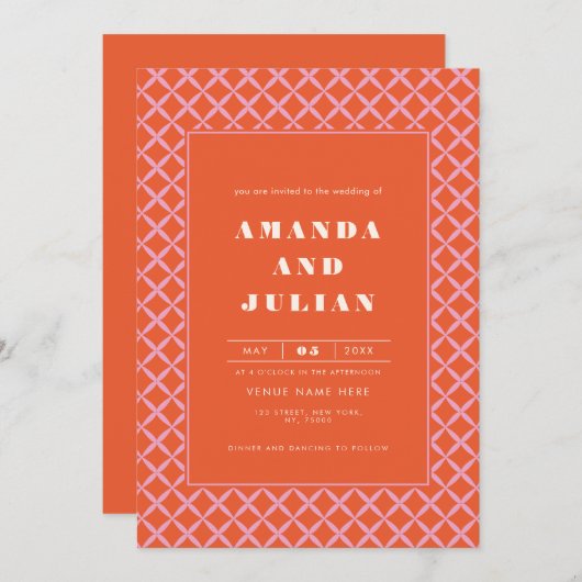 Retro Oranje Mid Century Modern All-in-One Weddens Kaart (Voorkant / Achterkant)