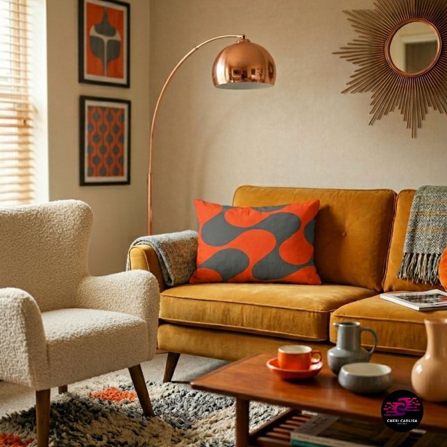 Retro Oranje Mod Golfpatroon Accent Kussen (Your sofa just found its personality.)