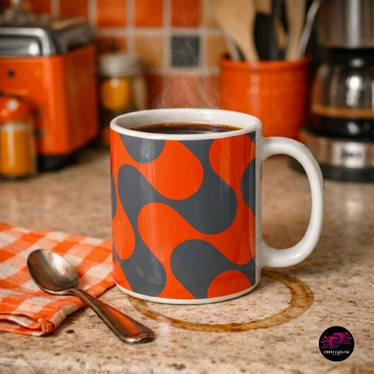 Retro Oranje Mod Golfpatroon Koffiemok