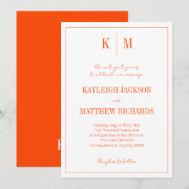 Retro Oranje Rode Monogram Elegante Trouw Kaart