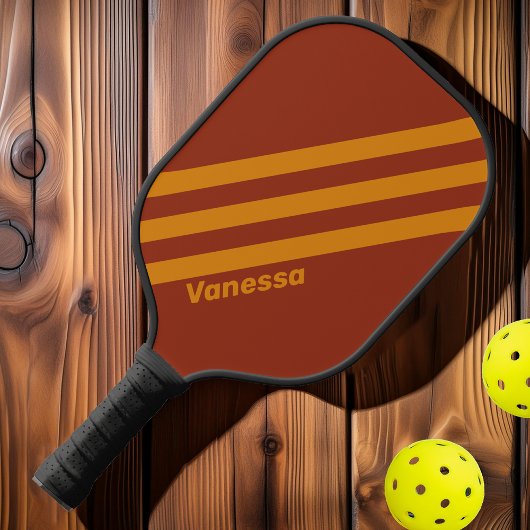 Retro Oranje Roest Drie Strepen met Naam Pickleball Paddle