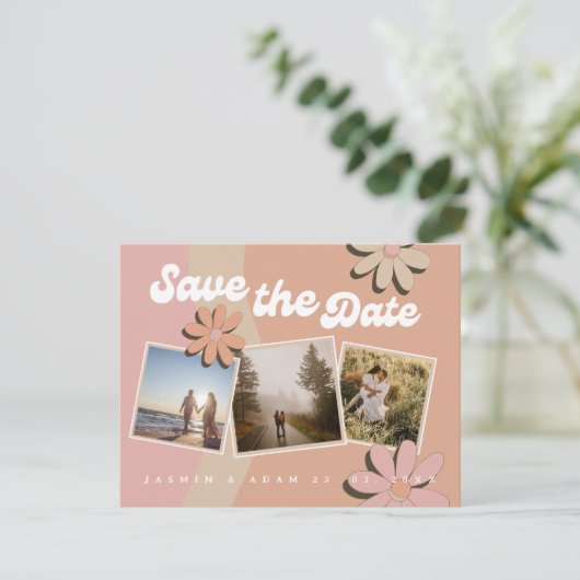 Retro Oranje roze foto Weddenschap Opslaan Datum Aankondiging (Staand voorkant)