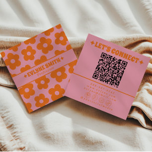 Retro Oranje Roze QR Code Groovy Bloemige Trendy L Vierkante Visitekaartje