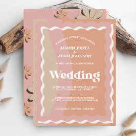 Retro Oranje roze roovy Wavy Lines Wedding Invite
