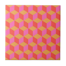 Retro Oranje Roze Vierkant Kubus Geometrisch Patro