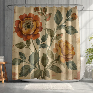Retro Oranje Salie Groen Mosterd Vintage Bloemmoti Douchegordijn
