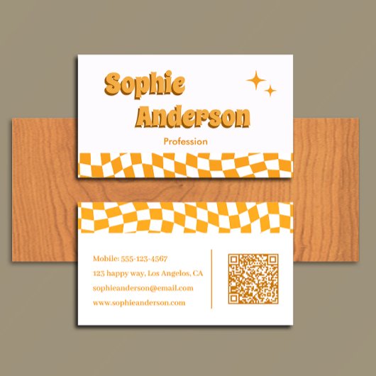 Retro Oranje Schaakbord met QR-code Visitekaartje