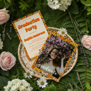 Retro Oranje Vintage 70er Jaren Bloemen Verjaardag Kaart