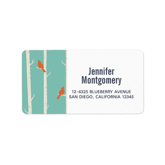 Retro Oranje vogels op afbeelding van vogelbomen Etiket (Voorkant)