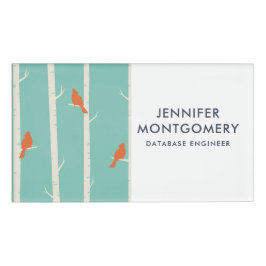 Retro Oranje vogels op afbeelding van vogelbomen Naambadge