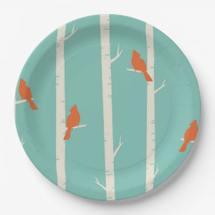 Retro Oranje vogels op afbeelding van vogelbomen Papieren Bordje