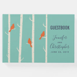 Retro Oranje Vogels op Berkenbomen Illustratie Gastenboek