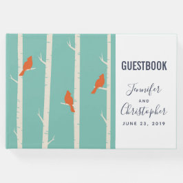 Retro Oranje Vogels op Berkenbomen Illustratie Gastenboek