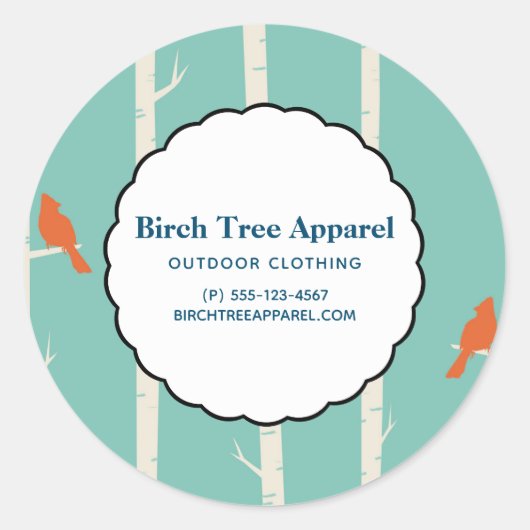 Retro Oranje vogels op Birch Trees Business Ronde Sticker (Voorkant)