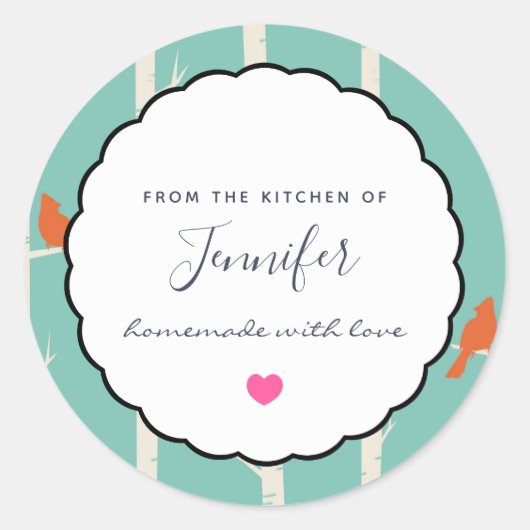 Retro Oranje vogels op Birch Trees Kitchen Ronde Sticker (Voorkant)