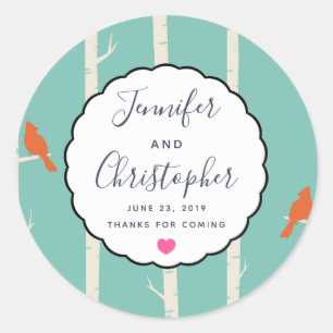 Retro Oranje vogels op vogelbomen Wedding Bedankt Ronde Sticker