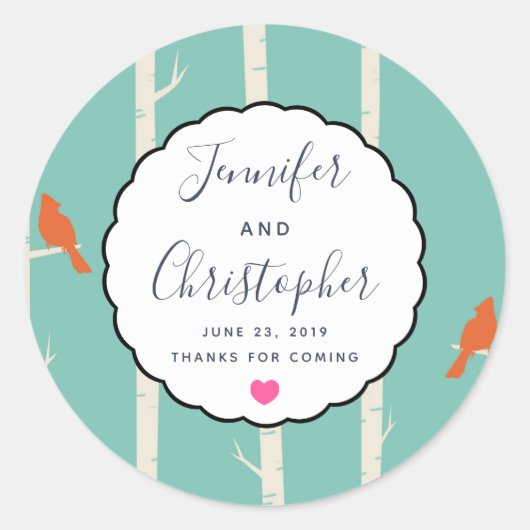 Retro Oranje vogels op vogelbomen Wedding Bedankt Ronde Sticker (Voorkant)