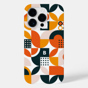 Retro Oranje Zwart Geometrisch Monogram Initiaal Case-Mate iPhone 14 Pro Hoesje