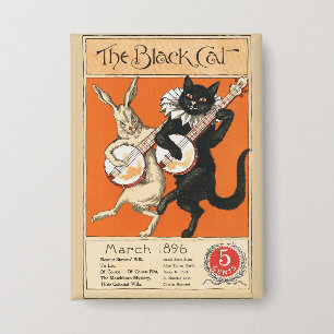 Retro Oranje Zwarte Kat Witte Konijn Banjo Kunst Button