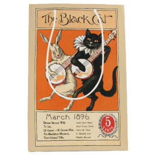 Retro Oranje Zwarte Kat Witte Konijn Banjo Kunst Medium Cadeauzakje