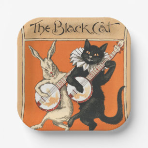 Retro Oranje Zwarte Kat Witte Konijn Banjo Kunst Papieren Bordje